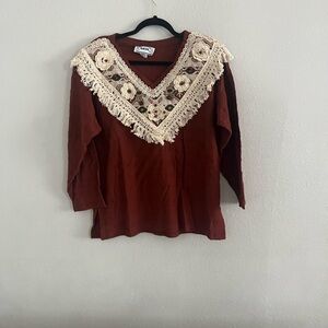 Vintage Basil Woman Long Sleeve Floral Embroidered 100% Cotton Sweater, Size L